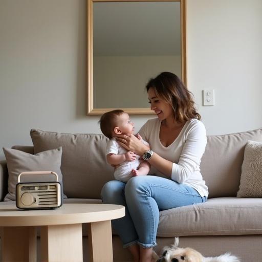 modern living room features young mother and baby on sofa. Mirror behind them reflects their image. Mother bottlefeeds baby. Classic watch on her wrist. Digital radio on table. Dog on floor. Cozy nursery atmosphere.