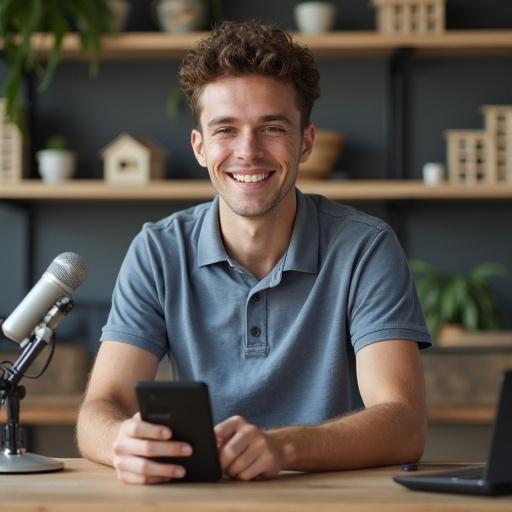 A young man sits at a modern desk. He wears a polo shirt and jeans. Short curly hair is visible. A microphone is in front of him. A phone holder is on the desk. Background features shelves with mini models of buildings. The scene feels energetic and friendly.