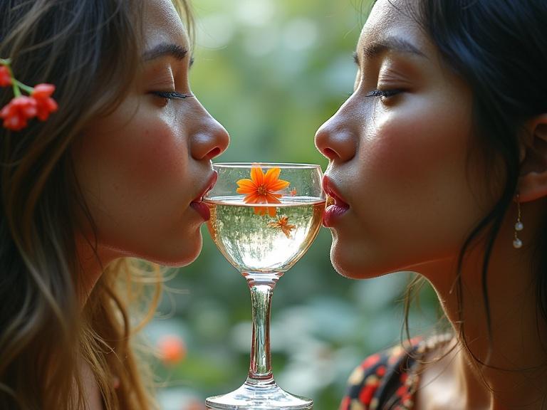 People drinking from chalices with flowers. Mirrored faces in droplets. Soft light enhances features. Close-up perspective highlights emotions.