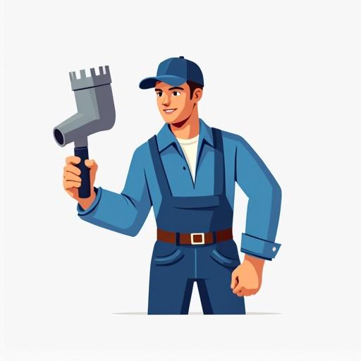 Minimalistic professional logo design for a plumber. Character in blue work clothes holding a plumbing tool.