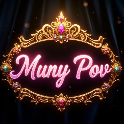 Digital illustration of the text Muny Pov in deep pink letters with golden gradient on a black velvet background. Framed by ornate golden scrollwork and gemstones. Jeweled tiara above with gold, rubies, emeralds, sapphires. Ethereal effect with diffused lighting.
