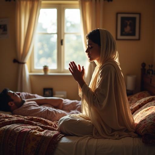 A modest Pakistani bedroom with a woman in shalwar kameez and dupatta praying at the bed's edge. Her hands raised in dua expressing sadness and hope. Her husband lies relaxed beside her. The room is bright with natural light, showcasing wooden furniture and embroidered cushions, enhancing the emotional and cultural ambiance.