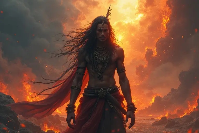 A mythological character stands confidently on a rocky terrain with flames in the background. He has long hair, wears elaborate jewelry, and traditional attire, with fiery elements surrounding him.