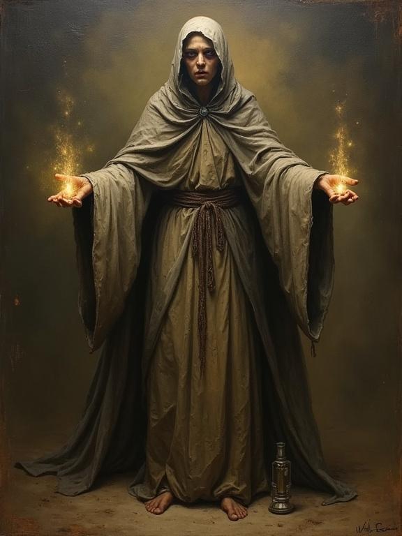 A rough oil painting in an old style. An emaciated figure wearing tattered ceremonial robes. The arms are extended. One hand emits a glow. The other hand holds a grimoire. The figure has deep-set eyes and seems to be in silent prayer.