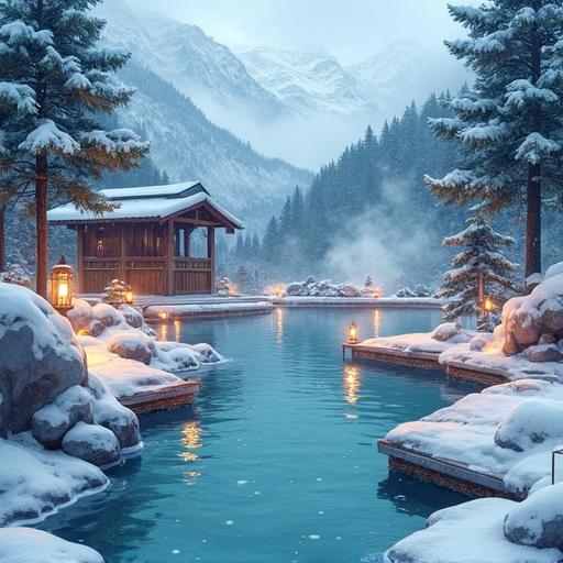 Watercolor painting depicting natural hot springs in snowy mountains. Wide-angle view captures steaming pools surrounded by smooth rocks. Wooden walkways feature warm light from rustic lanterns. Pine trees dusted with snow create serene magical atmosphere. Snow gently falling enhances the fantasy setting. Cel-shaded style features soft warm-cold contrast.
