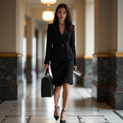 Photorealistic image showing a focused female attorney in a black skirt suit walking confidently in a courthouse corridor. She carries a briefcase and case files, expressing determination. The scene has a shallow depth of field with dramatic lighting and architectural details.