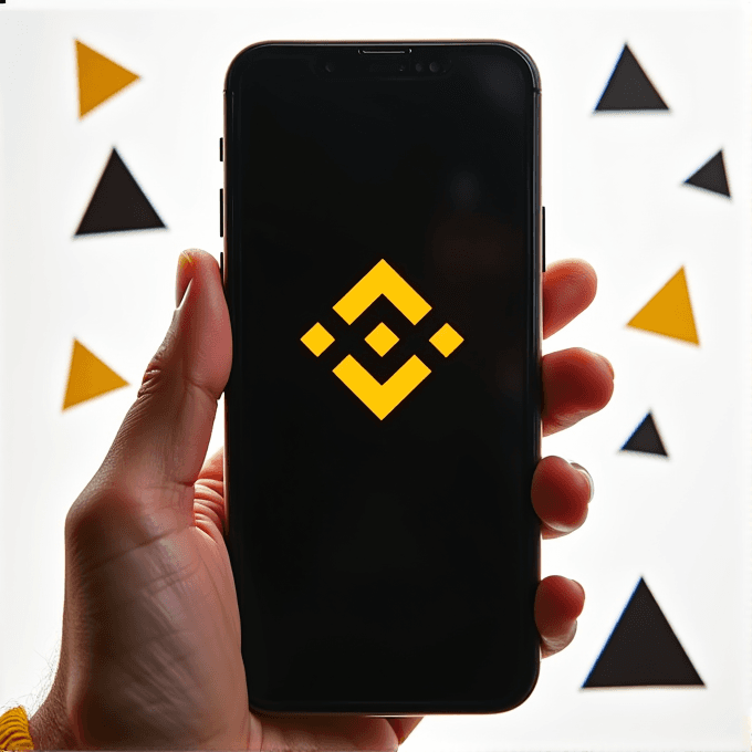 A smartphone displaying a yellow geometric logo against a background with triangle shapes.