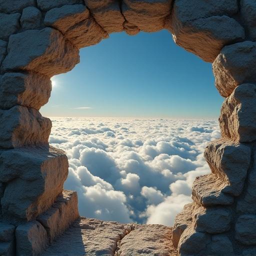 Surreal scenario with a sky view through a stone wall. A hole in the wall reveals white clouds and a bright blue sky. Natural light shines into the frame. Imagery evokes a dreamlike atmosphere.