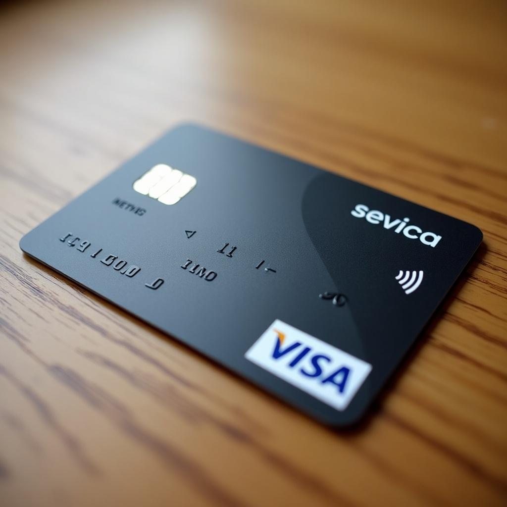 The image features the back side of a visa debit card. The card is placed on a wooden table. The background is simple and unremarkable. The perspective appears to be from above, simulating a scanning action for card verification.