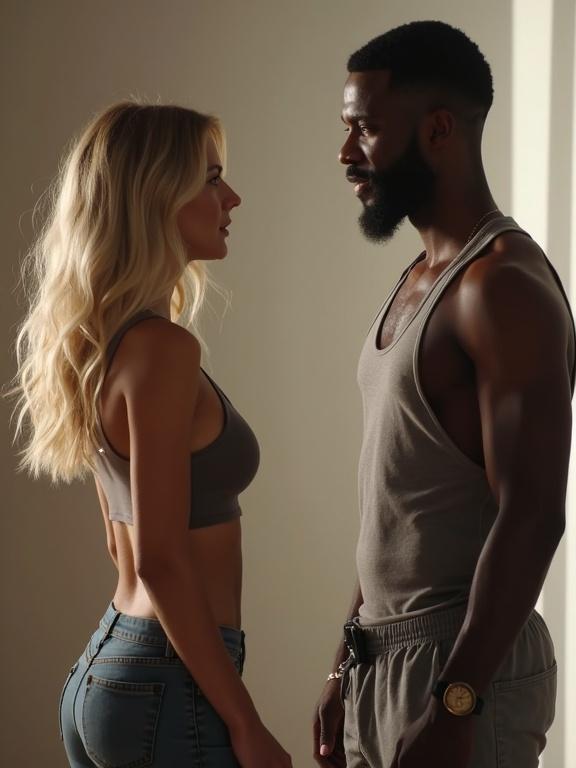 Blonde woman and black man facing each other in a light-filled setting. Both dressed in casual attire. Shot emphasizes their expressions and connection.