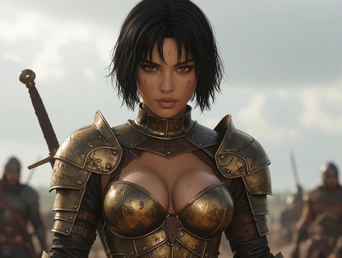 Hyper-realistic portrait of a strong female warrior with dark skin in medieval armor. Armor is worn bronze and leather, revealing shoulders and midriff. Character has short black hair and fierce brown eyes. Serious expression, standing on a battlefield. Holding a sword with dirt on the armor. High detail in a 3:2 aspect ratio.