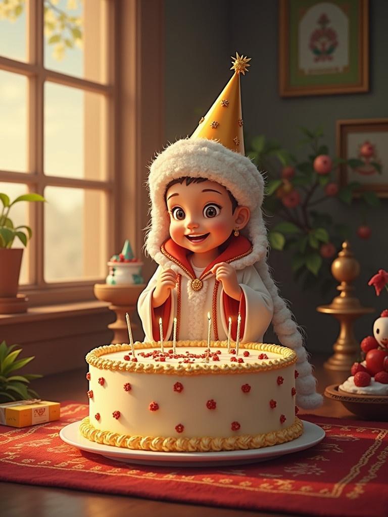 Child in festive attire stands next to a large decorated birthday cake in a cozy room. Window sunlight creates a warm atmosphere with plants and decorations around. The cake features candles and intricate frosting. The room is designed for celebration.