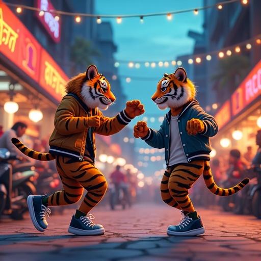 Vibrant anime-style scene in bustling Indian street at dusk. Two anthropomorphic tigers engage in playful intense street dance battle. Male tiger in bomber jacket and sunglasses, female tiger in cropped jacket and bangles. Crowds, scooters, street food, and colorful banners in background. Traditional instruments like sitars and dhols float mid-air. Scene bursting with movement and color, capturing energy of tiger dance-off.