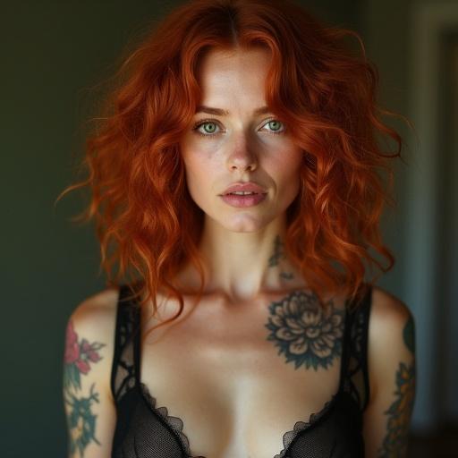 A woman with red curly hair stands in a model pose. She has a heart-shaped face and wears a sheer vest. One green eye and one brown eye are visible. Floral tattoos embellish her skin. It's a photorealistic image with cinematic qualities and dynamic lighting.