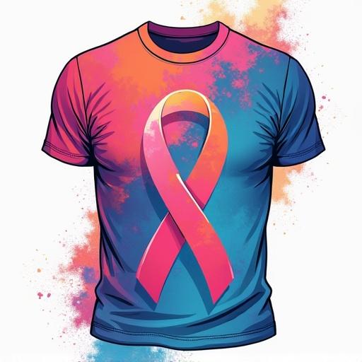 A t-shirt design features a colorful graphic for mental health awareness. The design includes a prominent pink awareness ribbon against a vibrant background. The color scheme includes blue and purple splashes.