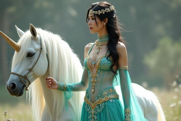 A tall white skin woman wears a turquoise Arabian princess outfit. The outfit features ornate gold embroidery and sheer overlay pants with floral patterns. Her hair is shiny black. The top has a deep V-neckline bordered with gold trim. She wears a jeweled headpiece and meets a glowing white unicorn. Expression is gentle.