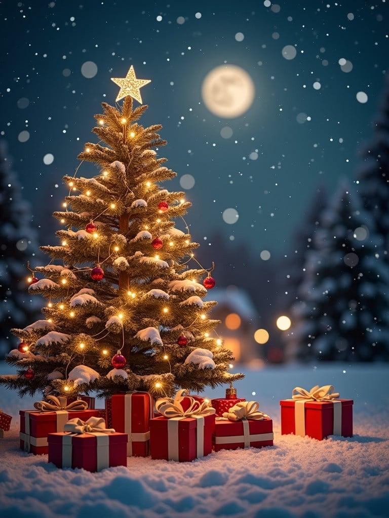 A beautifully decorated Christmas tree in a snowy landscape. The tree is adorned with lights and ornaments. Surrounding gifts are wrapped in colorful paper. A bright moon shines in the night sky with falling snow.