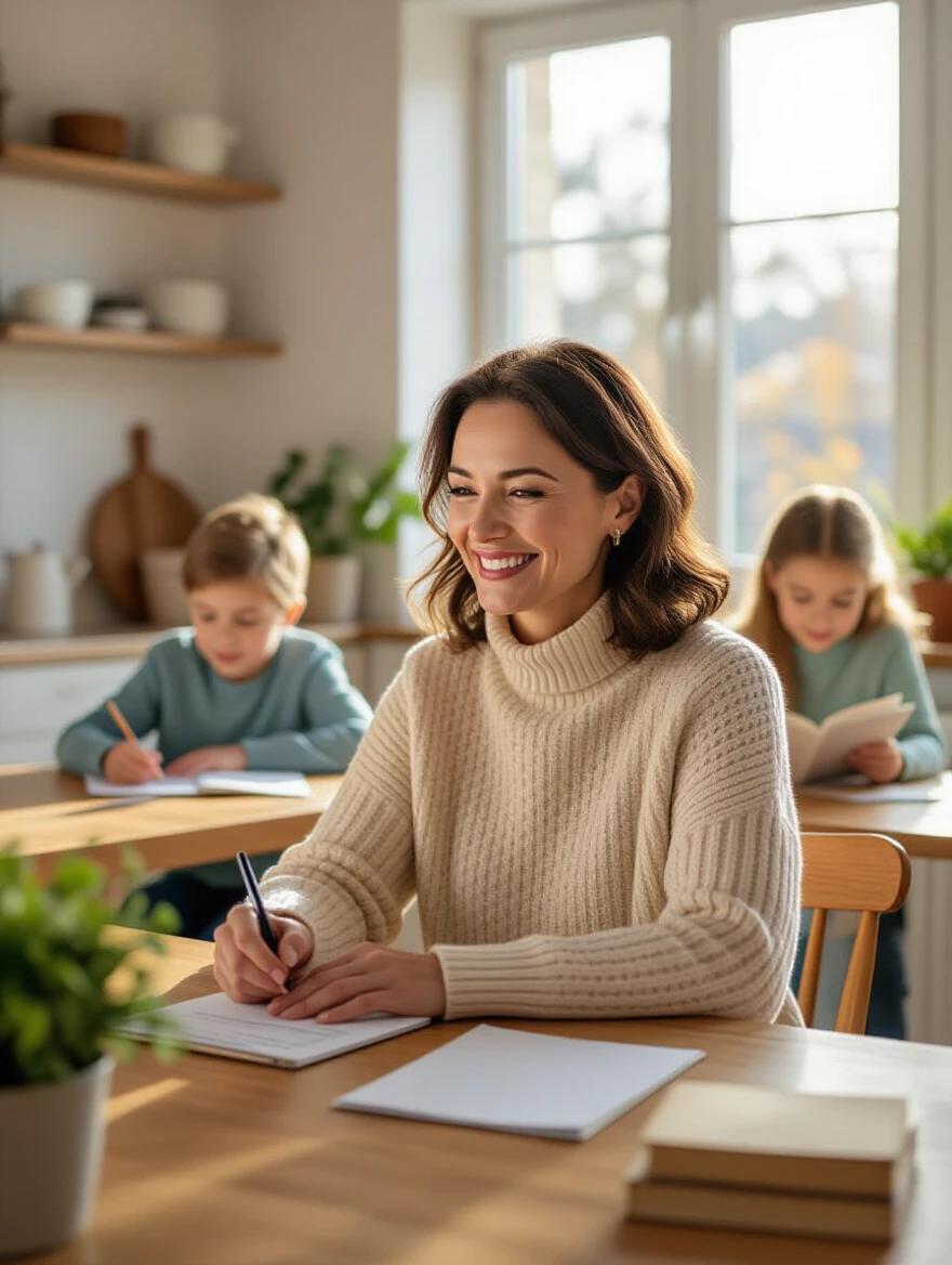 Woman at kitchen table smiling and taking notes during online Masterclass. Children in background, one drawing and another reading. Calm and focused atmosphere. Natural morning light in casual home setting. Emotionally warm tone. Medium shot with high detail.