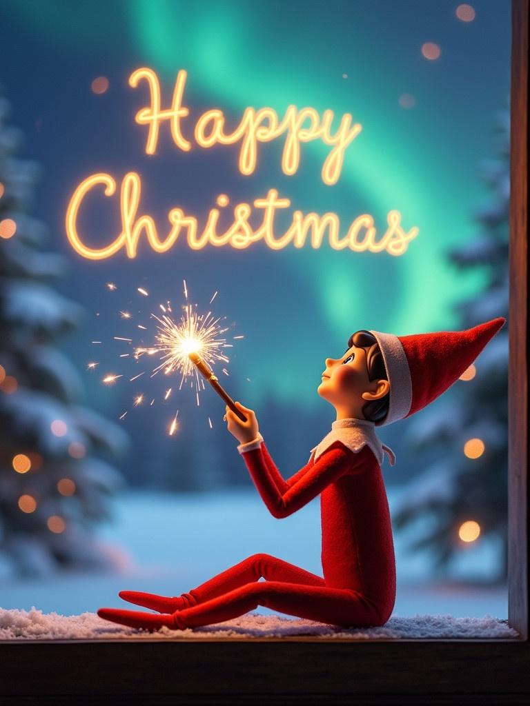 An elf sits gazing skyward. It holds a glowing wand emitting sparks. Background shows colorful northern lights. Snow covers the ground, creating a winter atmosphere. Elf embodies magic and wonder of Christmas. Words 'Happy Christmas' appear in the air.