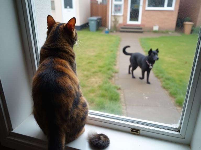 A tortoiseshell cat with a white tip on her tail is perched on a window ledge. She stares out at someone walking a dog on the sidewalk. A small patch of grass separates the house from the sidewalk.