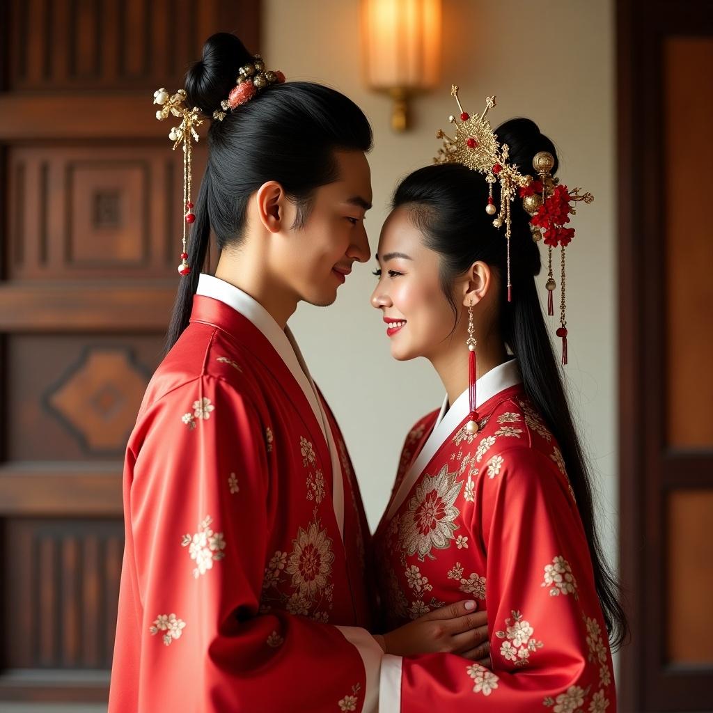 Wedding photo featuring a couple dressed in Hanfu from the Ming dynasty era. The couple stands close together, smiling. The attire is red with intricate floral designs. Incorporate traditional decorative hairstyles and accessories.