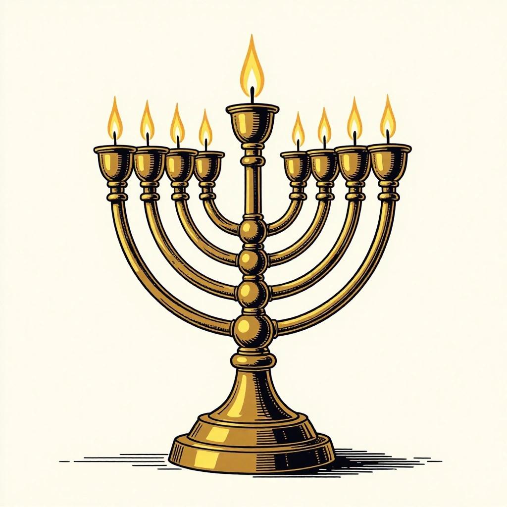 An illustration depicting a golden menorah with beautiful flame illuminated candles. Simple white background, American comic art style, evoking an epic legendary vibe.