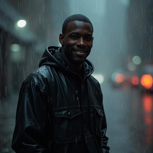 A light-skinned man stands in the rain smiling at the camera while looking to the left. He wears a black jacket and the scene has a blurred urban background with rain. Dark, moody atmosphere.