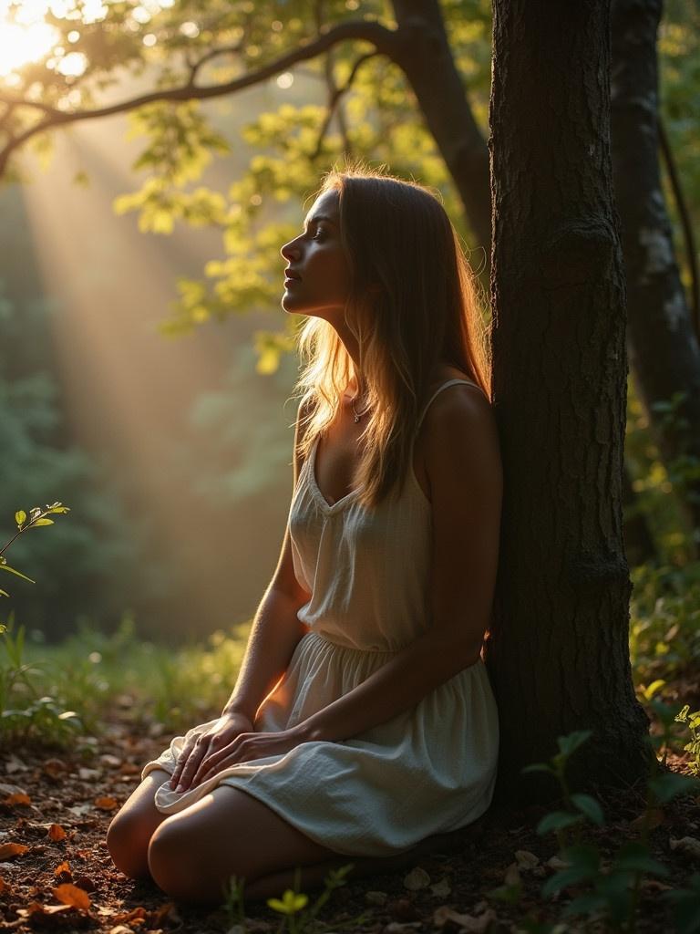 Woman sits quietly in nature. Soft sunlight illuminates the scene. The forest is lush and green. The atmosphere conveys peace and tranquility. Nature surrounds her as she meditates silently. A golden light shines through the trees.