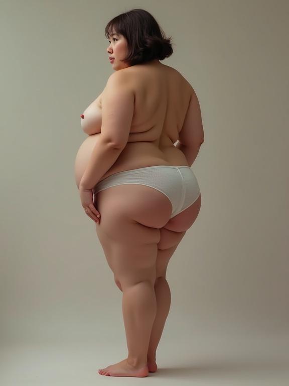 Woman stands in underwear showing full body from back view. She has short hair and wide hips, looking back over her shoulder