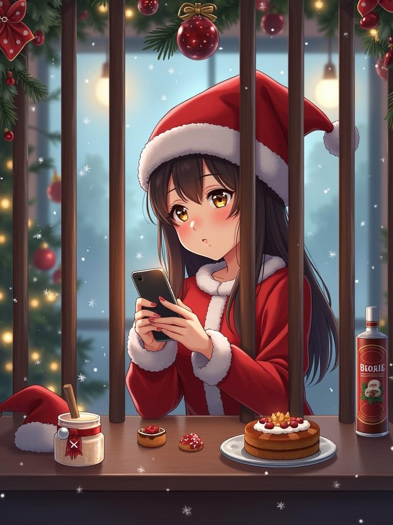 Scene features a girl dressed in a red outfit sitting behind jail bars. She is engaged with a smartphone. Surrounding items include Christmas-themed snacks and treats. Outside, snowflakes gently fall. The room displays various festive decorations.