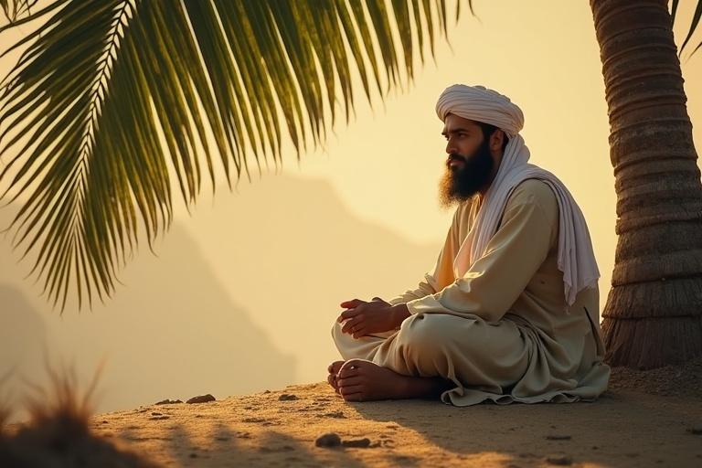 Man sitting under a palm tree wearing simple Islamic clothes. The setting is serene with soft lighting. There are mountains in the background and a peaceful ambiance.