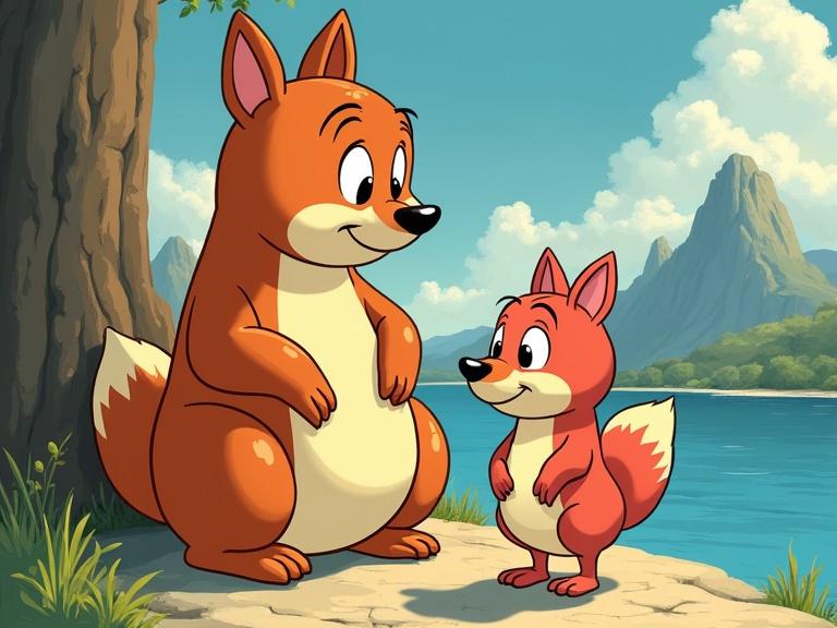 A fluffy bear and a small pig resembling characters from the Soviet cartoon 'Winnie the Pooh'. The bear has dark ears and a belly. The pig wears a blue checkered overall. They stand at the base of a tall tree. A large beehive is on the tree top, surrounded by bees. The bear looks up while the pig appears scared. The illustration is in the style of Soviet animation with soft colors and a light cartoon style.