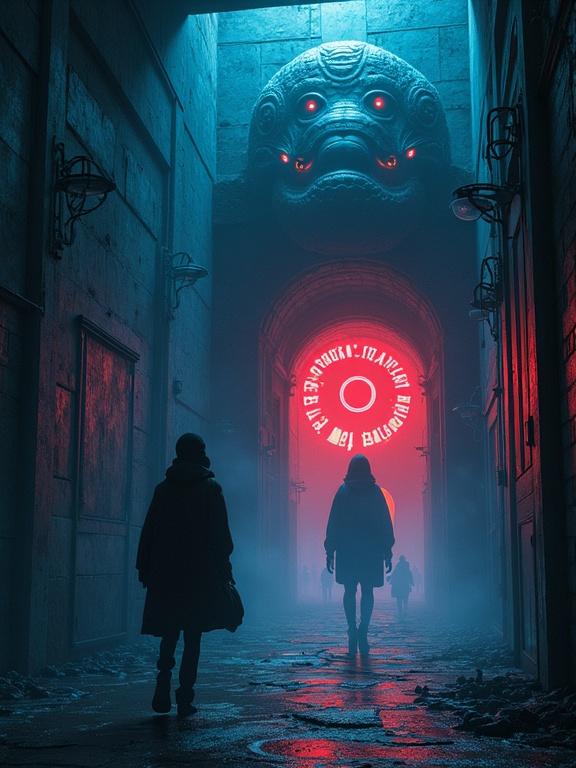 Fantasy-style art features three indie sci-fi horror games. Shows a dark setting with eerie lighting. A glowing portal can be seen as the focal point. Characters appear in shadowy silhouettes. Emphasizes a surreal atmosphere.