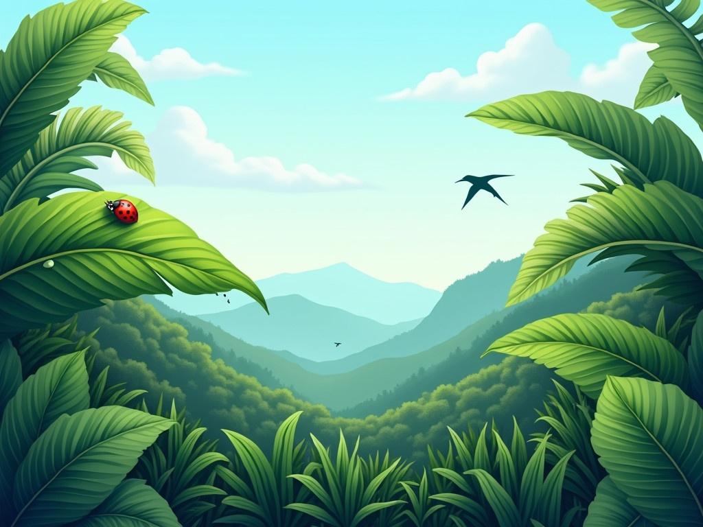 This image depicts a lush, vibrant tropical landscape. The foreground is filled with a variety of green leaves and plants, showcasing the beauty of nature. In the background, there are distant mountains covered in greenery, hinting at a dense forest. A soft blue sky dominates the scene, with a few light clouds scattered above. Birds can be seen flying in the distance, adding life to the peaceful setting. A ladybug rests on one of the large leaves, while droplets of water glisten on another, suggesting a fresh morning. The overall atmosphere is serene and inviting, perfect for anyone who loves natural landscapes.