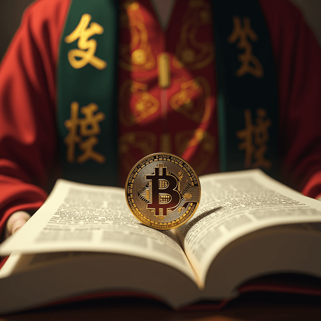 A Bitcoin coin is prominently displayed on an open book held by a person in traditional religious attire, symbolizing a fusion of religion and finance.