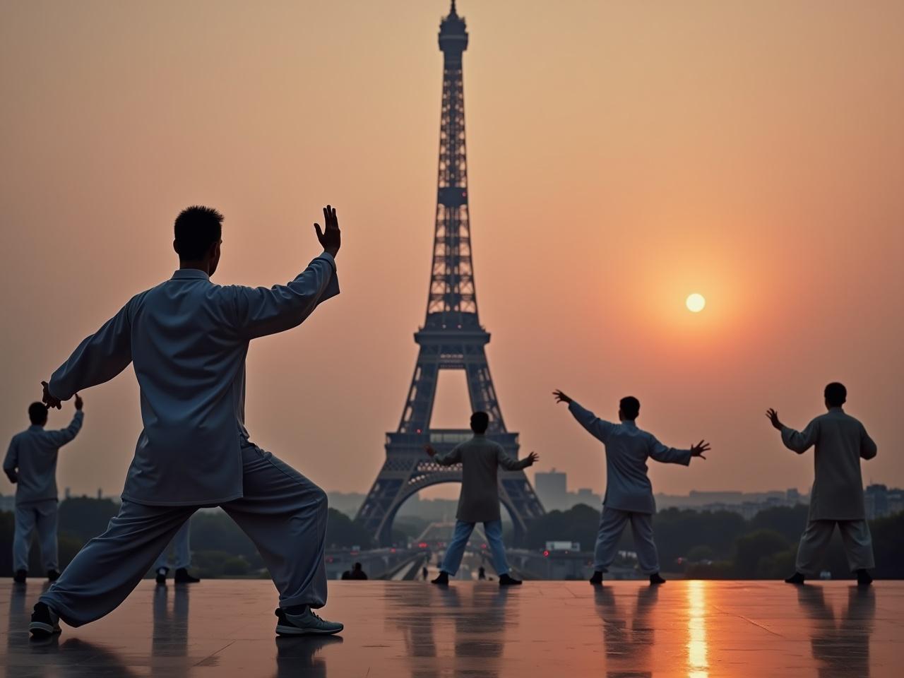 A solitary practitioner executes graceful Tai Chi Chuan movements in front of the iconic Eiffel Tower, highlighting the art form's universal appeal. Each practitioner adopts a different posture from the five major family styles of Tai Chi, creating a dynamic visual contrast. Some of them are facing towards the camera, emphasizing the global reach and inclusivity of the practice. The setting is during the magical hour, as the sun sets and the bright moon begins to rise, casting a soft, enchanting glow over the scene. The atmosphere is serene, capturing the essence of harmony between movement and stillness, showcasing the beauty of Tai Chi in an iconic location.