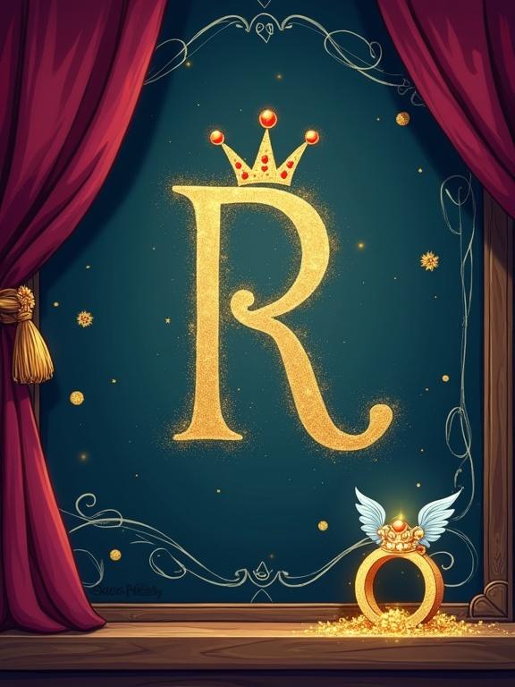 Create an illustration of a midnight-blue chalkboard. A regal letter 'R' in shimmering gold chalk. Jewel-like eyes and a delicate crown. A gleaming golden ring rests on the ledge. The ring has a sparkling gemstone and tiny wings. Include floating gold dust, chalk-drawn velvet drapes, and a wooden frame with rich details. Style includes jewel tones and metallic gold, with a royal treasure ambiance and floating starbursts.
