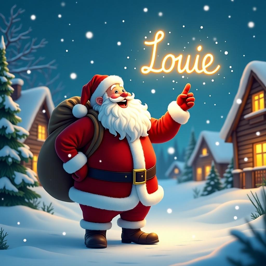 In this enchanting winter scene, Santa Claus stands joyfully in a snowy village. He is dressed in his iconic red suit, complete with a fluffy white beard and a large sack over his shoulder. Santa is pointing up at the sky, where he magically writes the name Louie with glowing light. Snowflakes gently fall around him, adding to the festive atmosphere. In the background, charming wooden houses with warm lights are surrounded by evergreen trees. This scene embodies the wonder of the holiday season, inviting feelings of happiness and nostalgia.