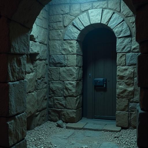 A crypt-like setting with stone walls and a dark corridor leading to a closed door. Ground is covered with small stones. Subtle blue light creates an eerie ambiance.