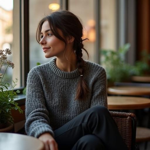 Scene in a courtyard café in Monti, Rome. A girl sits at a bistro table. She's wearing a gray knit sweater and black trousers. Her hair is in a messy fishtail braid. Warm light illuminates her face. She looks content and thoughtful.