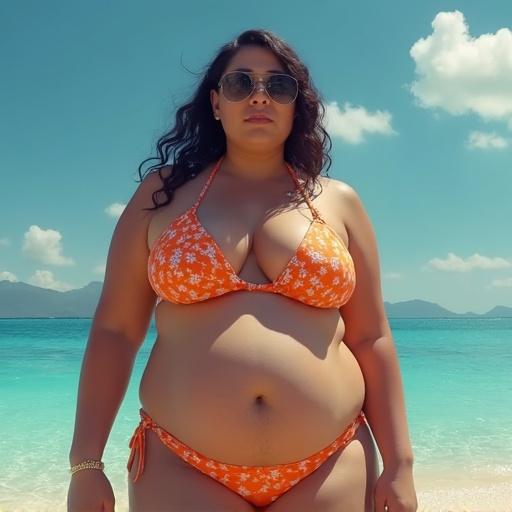 A woman wearing a bikini on the beach. She has a confident pose and is enjoying the sun. The beach is picturesque with blue skies and white clouds.