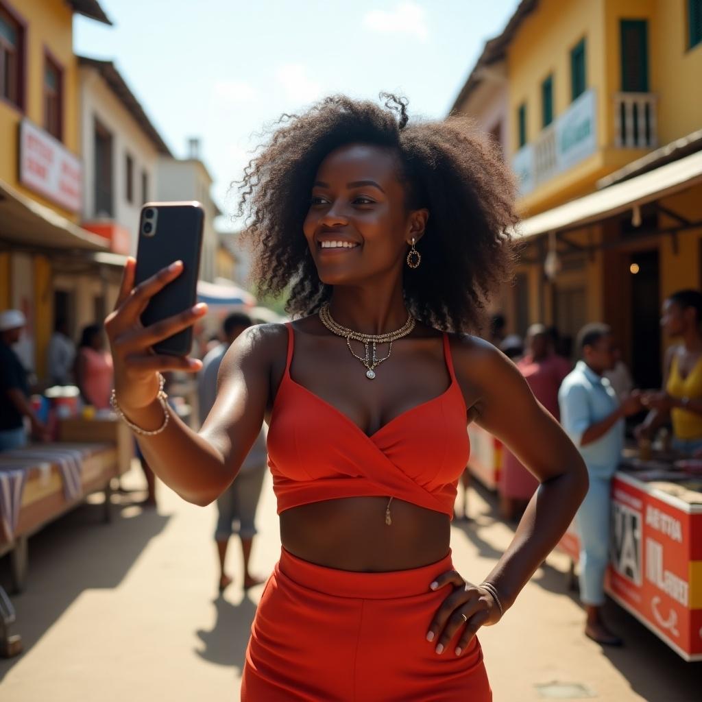 Stunning curvy Black woman taking a selfie in the streets of Abidjan. She wears a stylish outfit. Background features colorful market stalls and traditional architecture. Bright noon sunlight casts high contrast shadows. Her pose is natural and spontaneous. Include elements of Ivorian culture in her attire and surroundings. Expression conveys joy and confidence.