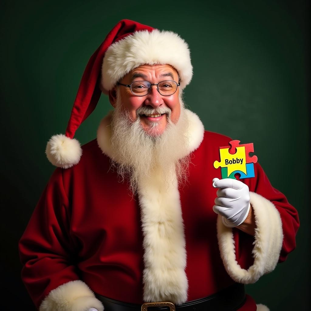 Santa Claus smiles dressed in red suit with white trim. He holds a colorful puzzle piece representing autism. The puzzle piece displays the name 'Bobby'. Background is deep green. Lighting is warm adding to the holiday feel. Joyful spirit and promotion of awareness are captured.