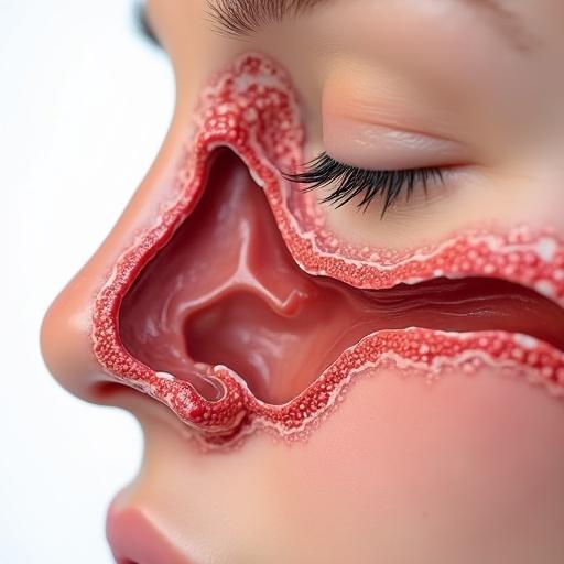Close-up of nasal mucosa. The image shows the respiratory mucosa in detail, with the nose visibly divided in two parts. Focus on the mucus layer and its textures.