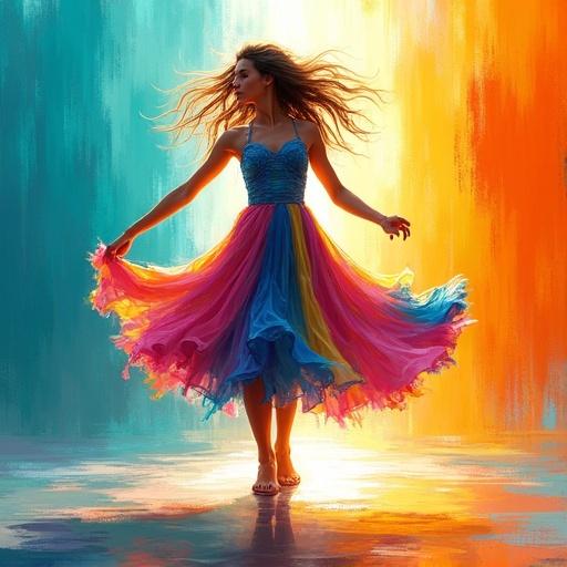 Vibrant digital painting features a young woman dancing in a multicolored flowing dress. The background is an abstract explosion of colors. The dress swirls around her. Her long hair flows with her movement. The ground reflects her figure. Bright lighting creates a dramatic effect. The painting style is loose and expressive with visible brushstrokes. The overall mood is energetic and joyful.