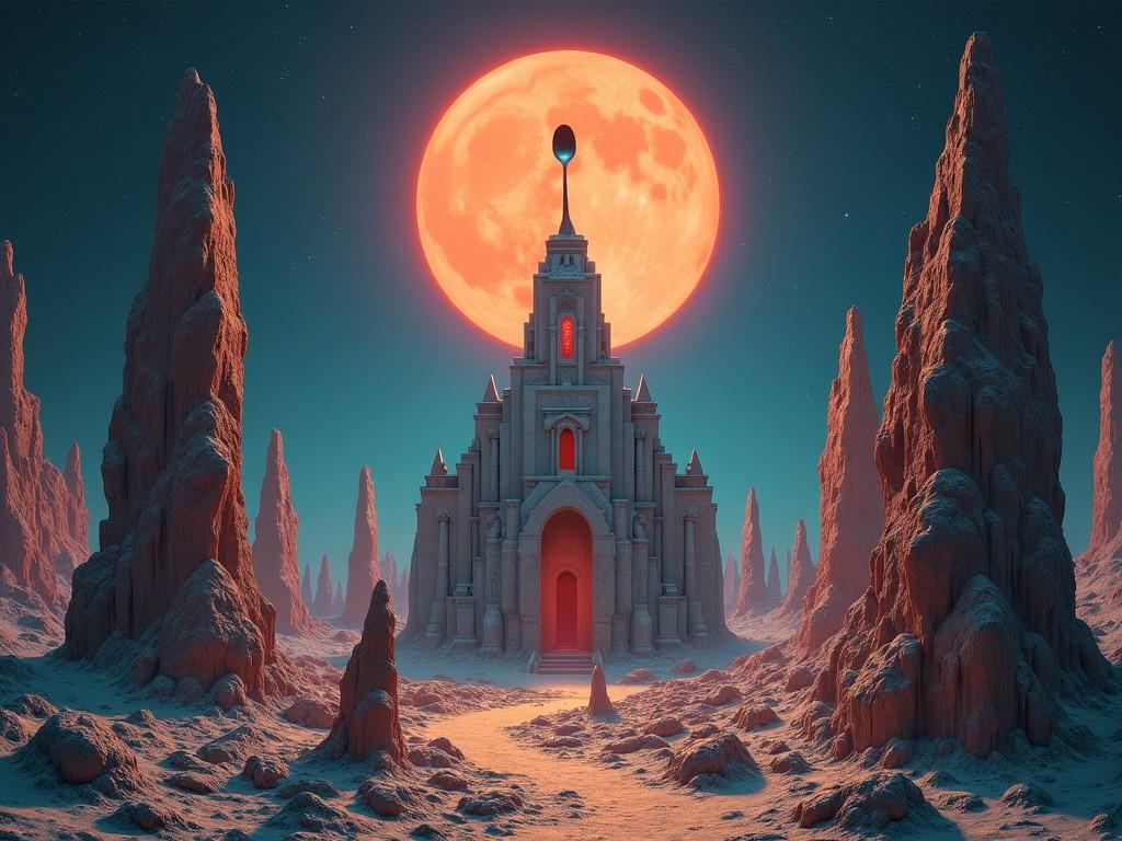 The image titled 'Electrospoon' is a surreal space rock album cover that features a mysterious cult 'plasma lamp church'-like building. This building has a spoon in the core of a bright orb suspended above it. Below, the scene is reminiscent of the Pillars of Creation viewed through the James Webb Space Telescope, showcasing towering rocky formations in a cosmic landscape. The overall atmosphere evokes a sense of wonder and trepidation, suggesting themes of exploration and encounters with the unknown. This artwork blends elements of fantasy and science fiction, making it appealing to fans of both genres.