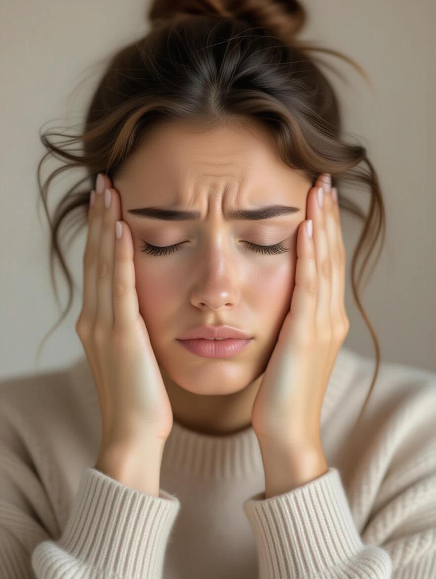 Tired person rubbing temples with both hands showing an exhausted expression. Soft natural lighting enhances the scene. Close-up captures authentic human fatigue. Warm color palette reflects emotional storytelling in professional portrait photography.