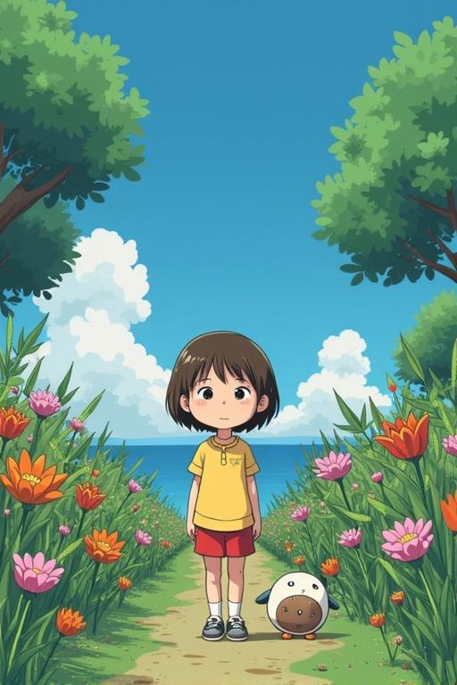 Young girl in vibrant shirt stands on a flower-lined path with a round creature beside her. Lush greenery and a clear blue sky in the background.