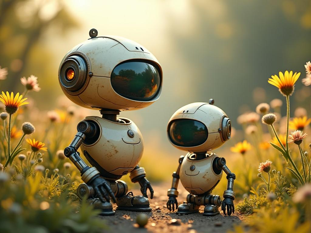 Two humanoid robots standing in a bright flower field with warm lighting