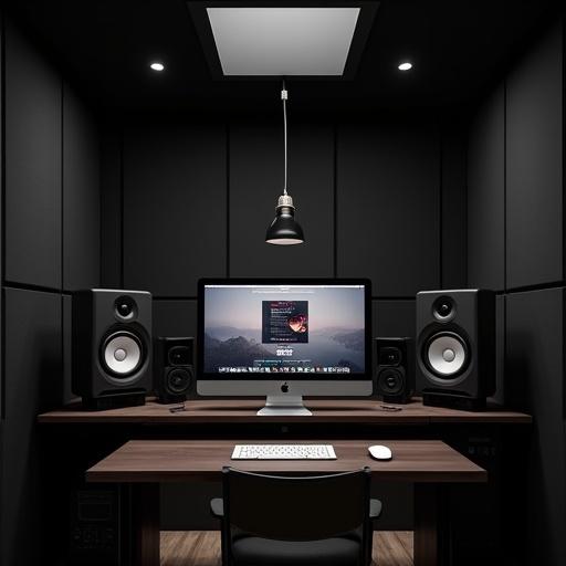 Studio room featuring a centered microphone with soundproof black walls and ceiling. A computer sits on a desk facing the viewer, displaying a music player on its screen in a high-quality photorealistic style.